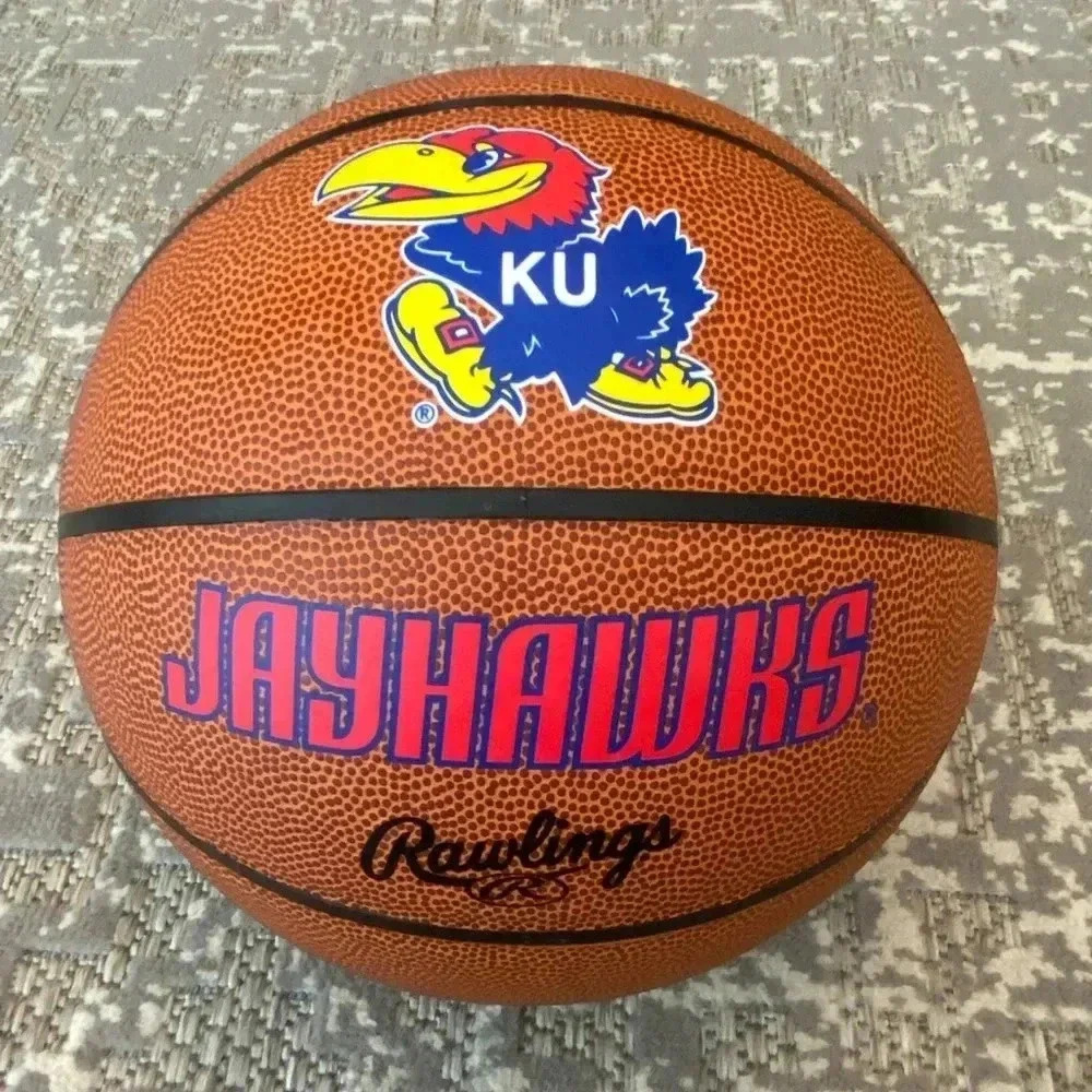 Kansas Jayhawks 2 sided logo Rawlings Full Size Basketball with Ball Claw